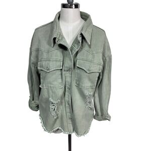 Blue B Collection Sage Green‎ Distressed Denim Trucker Jean Jacket Size Medium